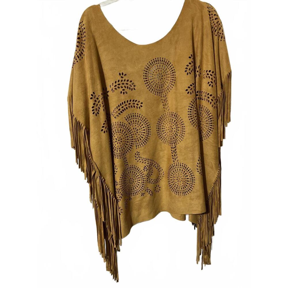 Step in Style Bohemian Mustard Faux Suede Fringe Poncho OSFM - Picture 4 of 5